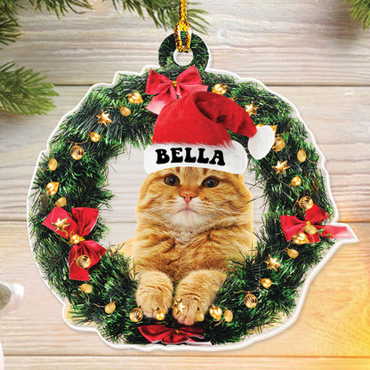 Teesdily | Customized Cat Christmas Ornament, Cute Cat Wreath Christmas 2D Flag Ornament, Cat Mom Cat Dad Ornament, Christmas Gift