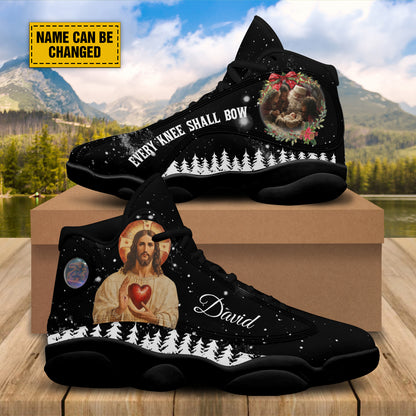 Teesdily | Personalized Every Knee Shall Bow Basketball Shoes, Santa Claus Baby Jesus Running Shoes, Christmas Jesus Christ Shoes