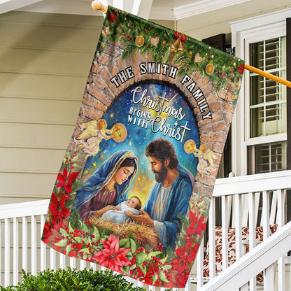 Teesdily | Customized Christmas Begins With Christ Garden Flag, Holy Family Jesus Christmas Flag House, Religious Christmas Gift