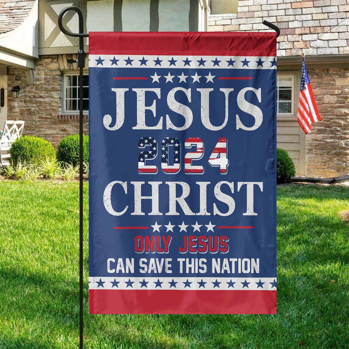 Teesdily | American Flag Jesus Christ House Flag, Jesus Christ 2024 Only Jesus Can Save This Nation Garden Flag, Patriotic Flag, Outdoor Decor Gifts