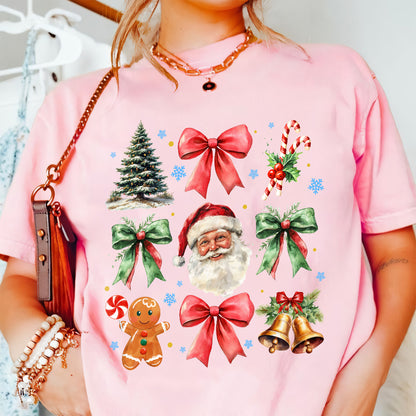 Teesdily | Retro Coquette Bow Christmas Shirt, Coquette Santa Gingerbread Sweatshirt, Christmas Tree Bow Coquette Hoodie Mug Gift