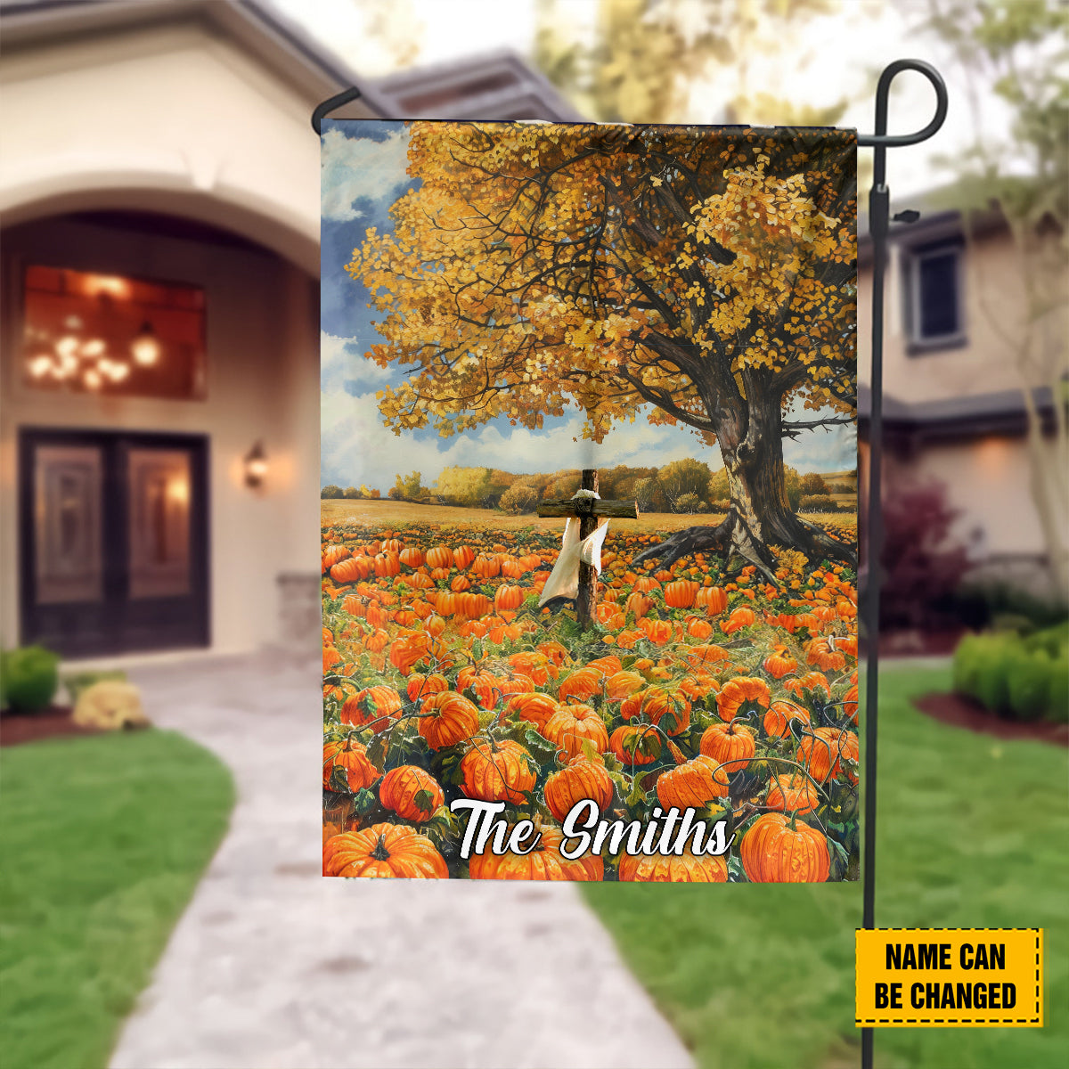 Teesdily | Jesus Thanksgiving House Flag, Autumn Pumpkin Field Landscape Garden Outdoor Flag, Fall For Jesus He Never Leaves Seasonal Decorations