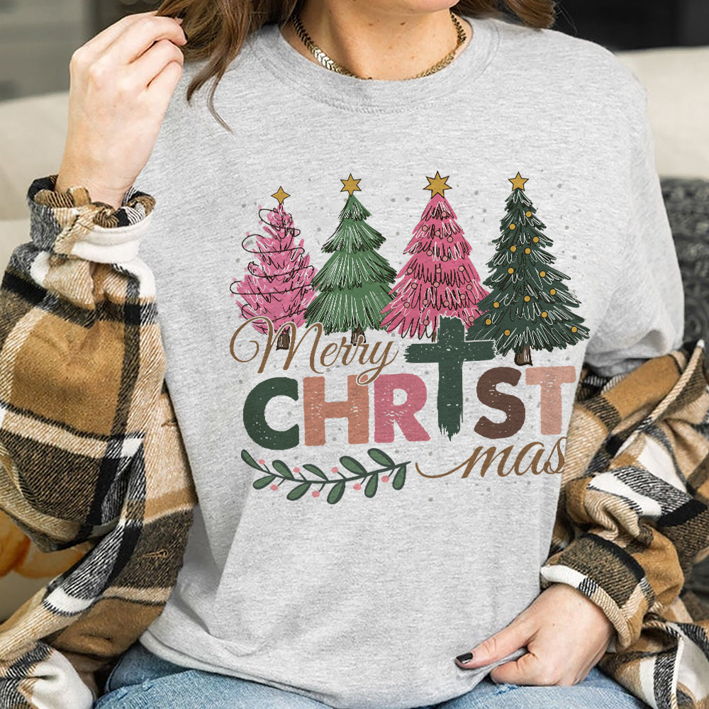 Teesdily | Merry Christmas Shirt, Jesus Christmas T-shirt, Christian Christmas Tree Sweatshirt, Holiday Christmas Hoodie Mug Gift