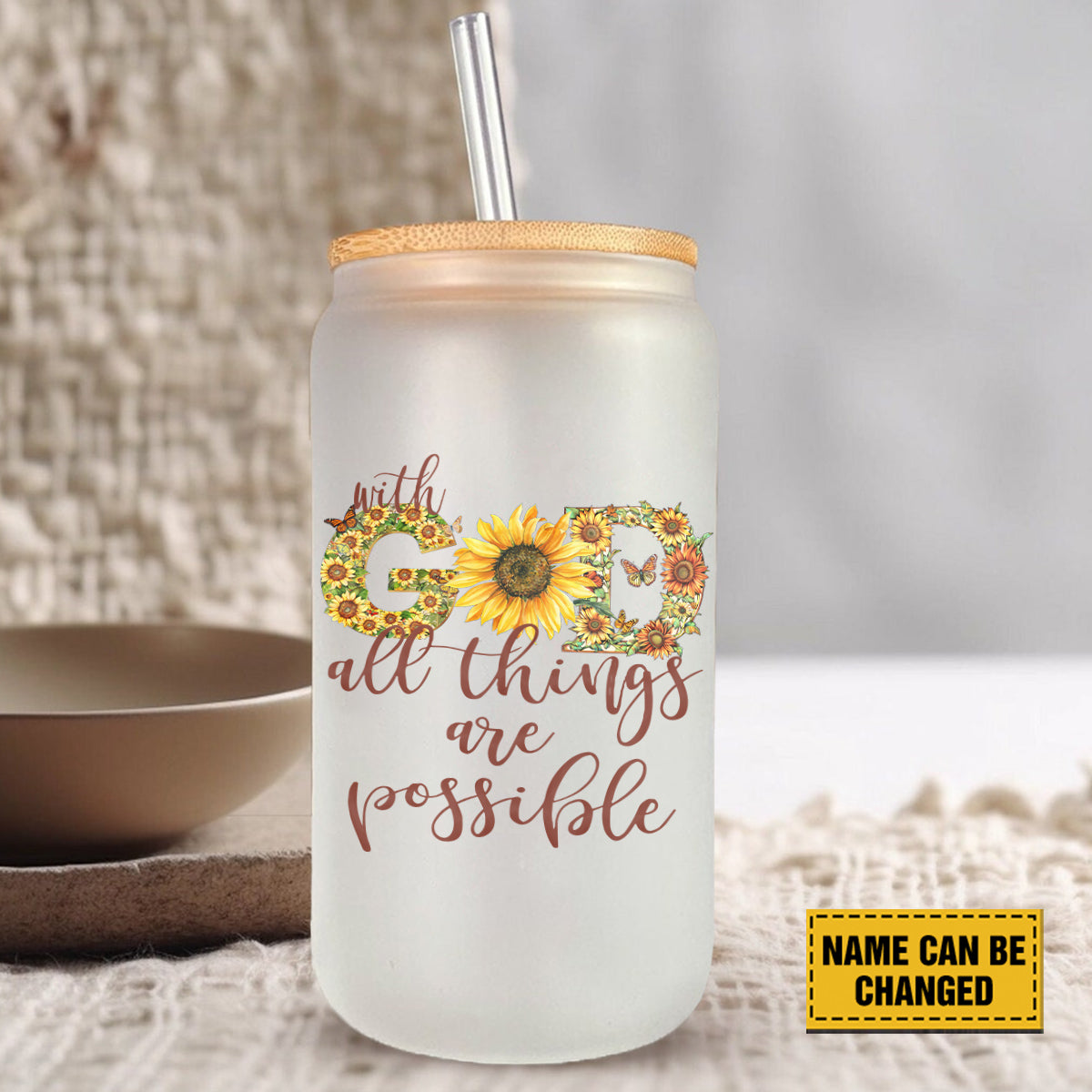 Teesdily | Customized Jesus Sunflower Glass Can With Straw, With God All Things Are Possible Mug Coffee, Christ Frosted Glass Can, Christian Art Gift