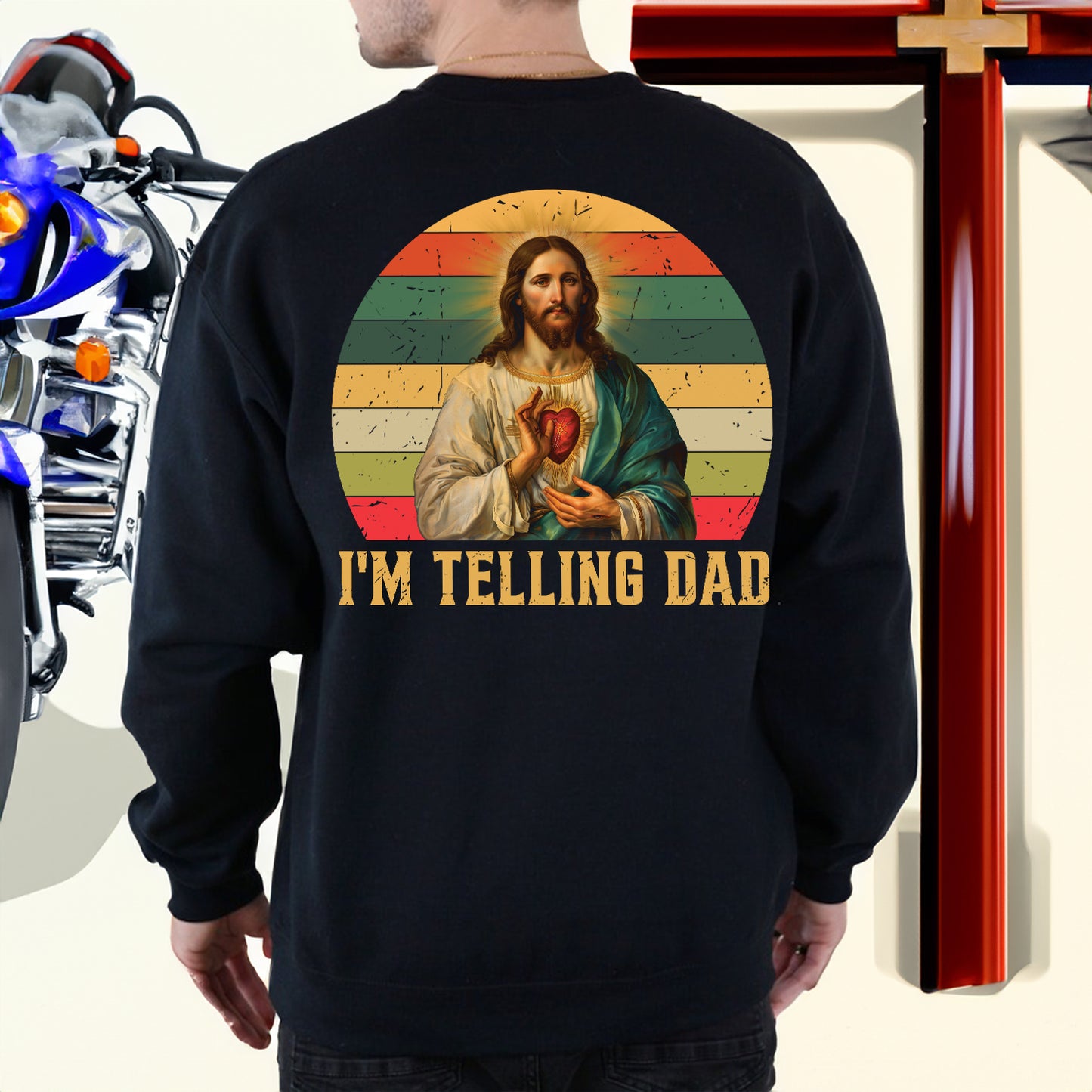 Teesdily | Jesus Sacred Heart Retro Shirt, I'm Telling Dad Shirt, Dad Grandad Vintage Sweatshirt Hoodie Mug, Father's Day Christian Dad Gifts