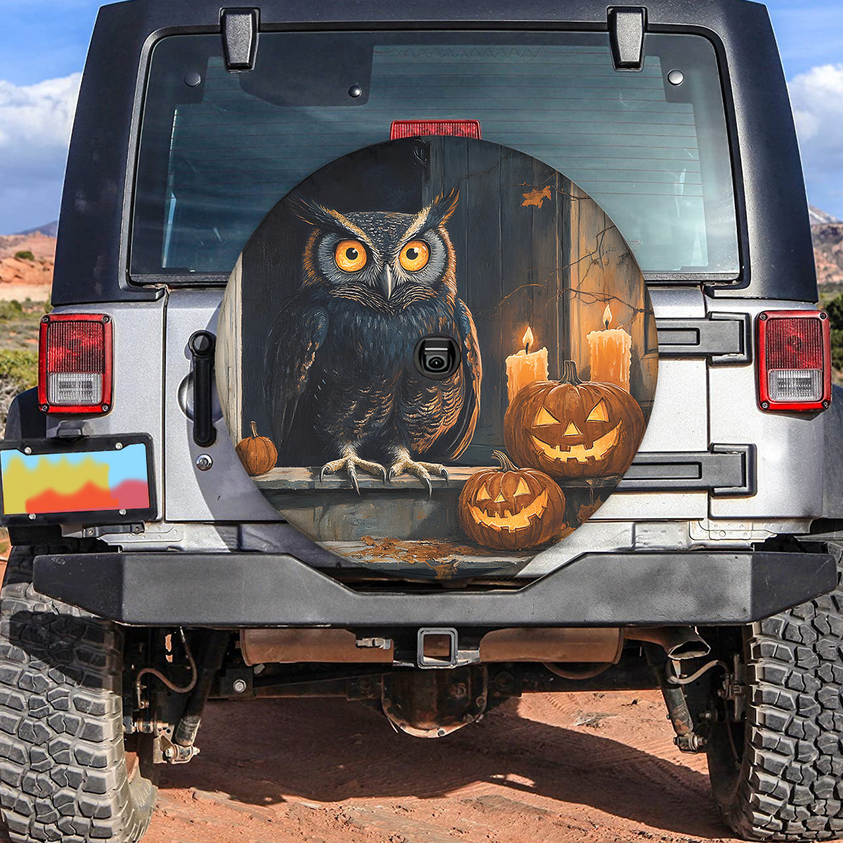 Teesdily | Owl Pumpkin Halloween Spare Tire Cover, Halloween Pumpkin Candles Truck Wheel Cover, Owl Lover Gift, Car Decoration Halloween Gifts