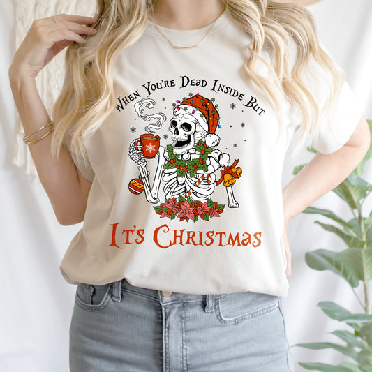 Teesdily | Christmas Skeleton Coffee Shirt, Santa Skull Dead Inside But Its Christmas Sweatshirt Hoodie Mug