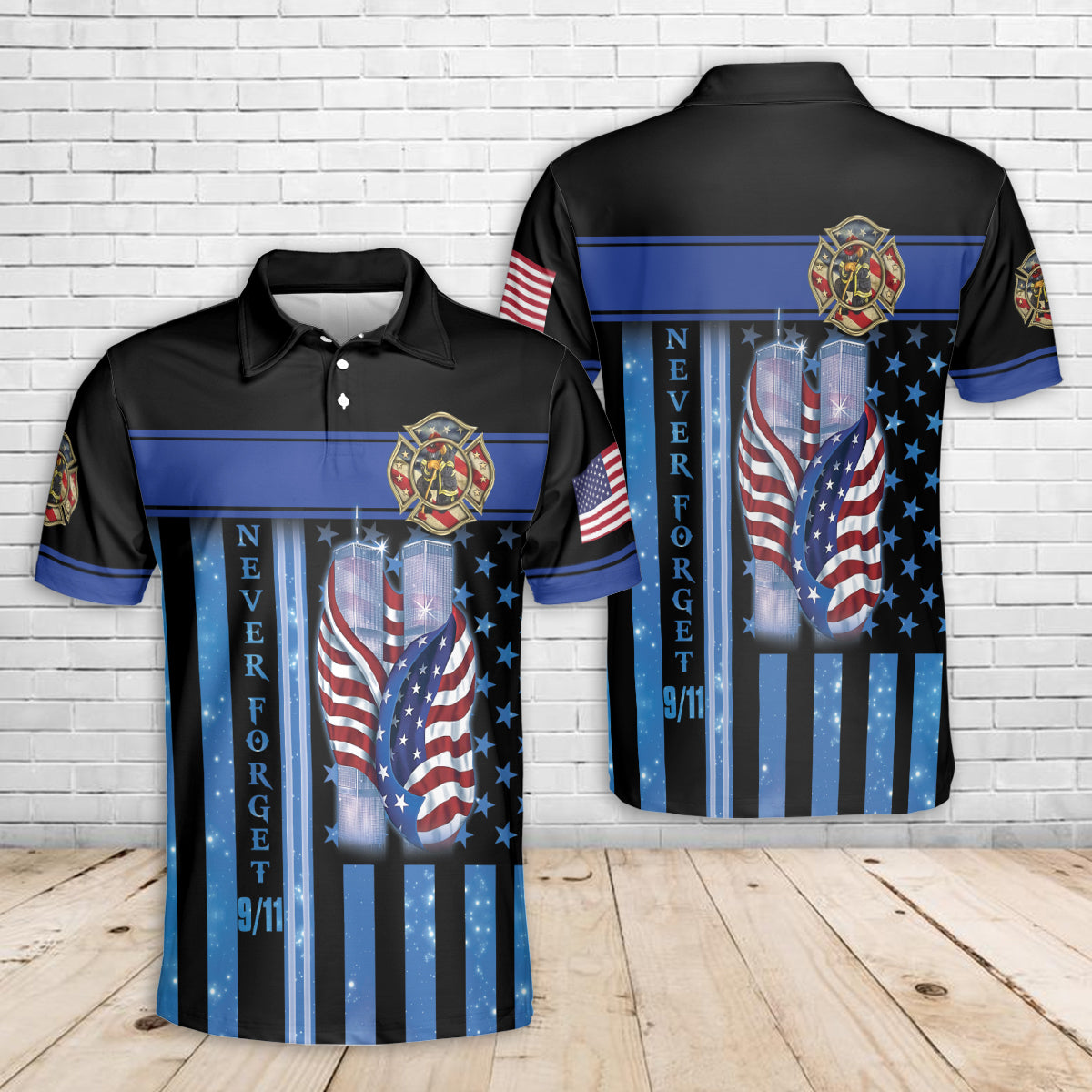 Teesdily | 911 Never Forget Firefighter 3d Tshirt Polo, America September 11th Polo Shirt, 911 Remembrance Day Apparel Clothing, Patriot Gifts