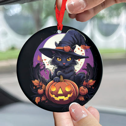 Teesdily | Black Cat Halloween Ceramic Ornament, Happy Halloween Spooky Kitten Circle Acrylic Ornament, Halloween Home Decor Gifts, Cat Lovers Gifts