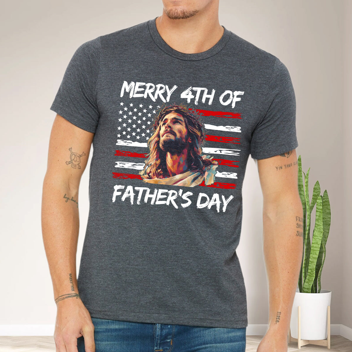 Teesdily | Jesus Dad American Flag T-shirt, Merry 4th Of Father's Day Sweatshirt, Happy Independence Day Gift, Dad Shirt Hoodie, Christian Mug Cup