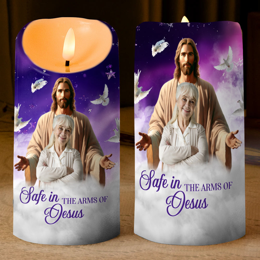 Teesdily | Customized Memorial Jesus Christ Led Candle, Safe In The Arms Of Jesus Flameless Candle Christmas Gift, Keepsake Gift