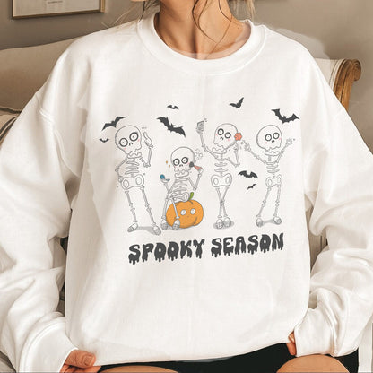 Teesdily | Funny Skeleton Halloween Shirt, Spooky Season Sweatshirt Hoodie Mug, Pumpkn Bat Skeleton Dancing Fall T-shirt, Gift For Halloween Holiday