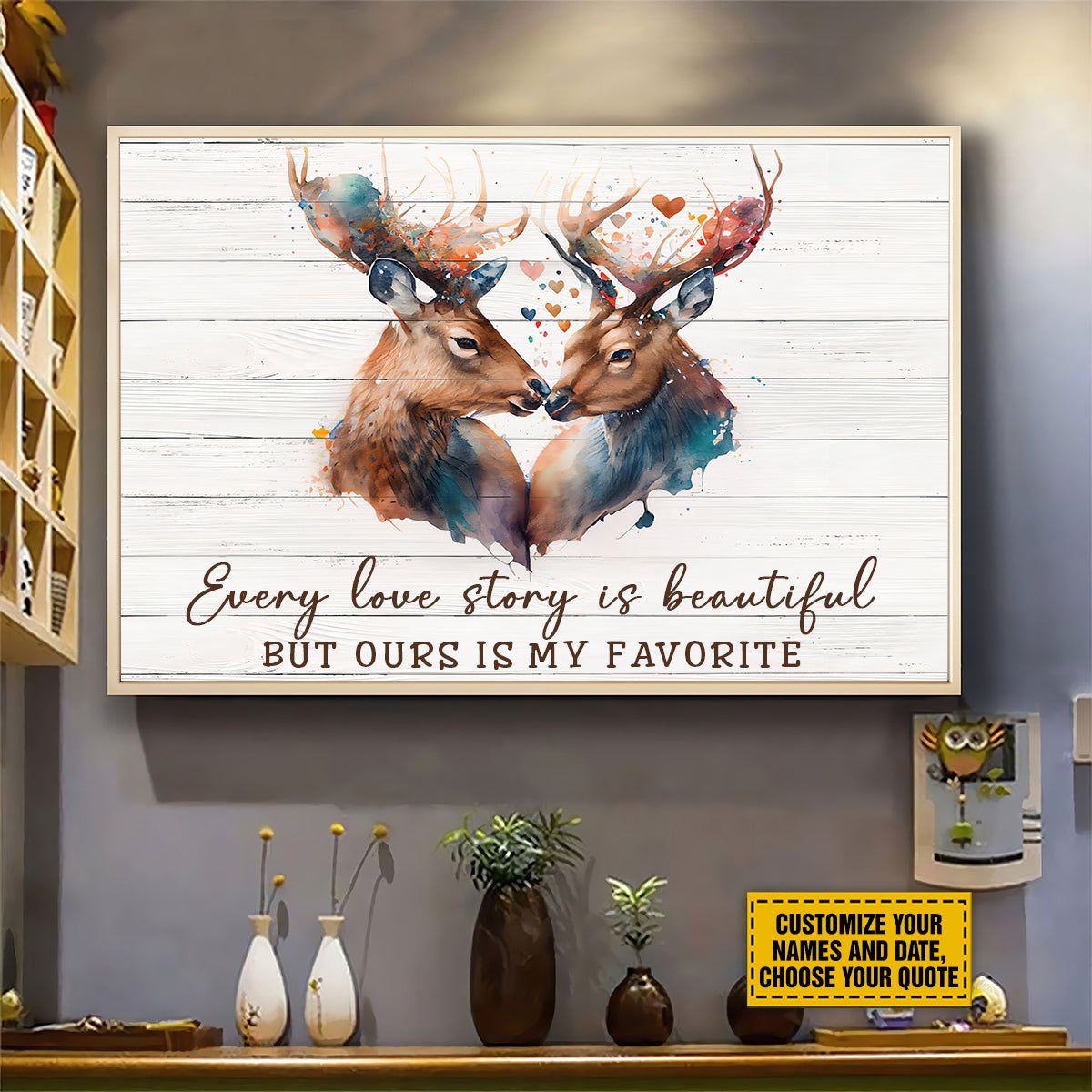 Teesdily | Customized Deer Couple Watercolor Print Wall Art All Of Me Love All Of You Canvas Poster Gift For Couple Lover Hunting Partners