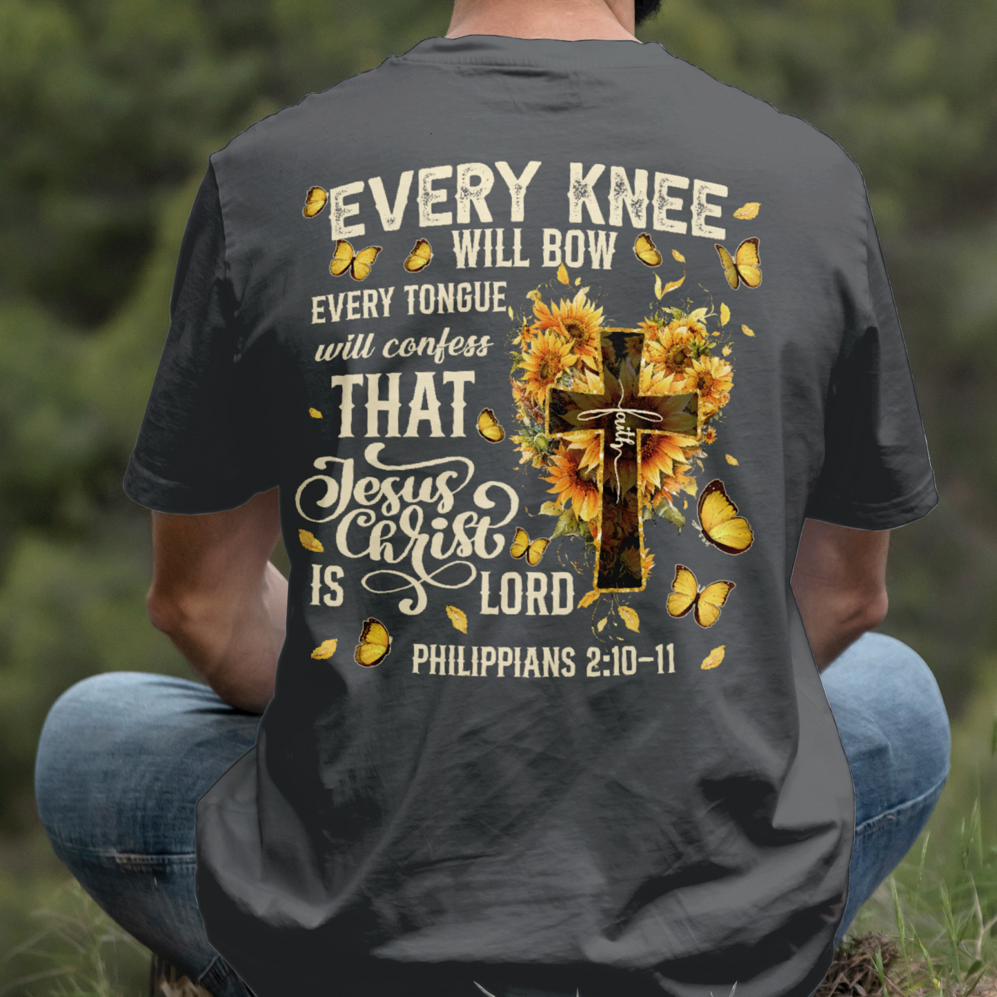 Teesdily | Every Knee Shall Bow Shirt, Every Tongue Shall Confess Sweatshirt, Bible Verse Sunflower Cross Jesus Hoodie Mug Gift