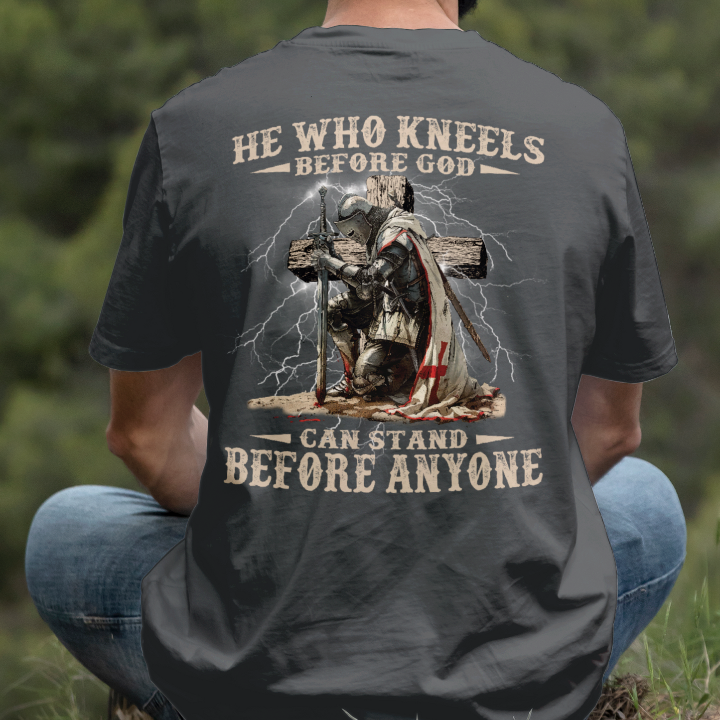 Teesdily | He Who Kneels Before God Shirt, Jesus Warrior Sweatshirt, Christian Cross Faith Hoodie Mug, Religious Gift Men