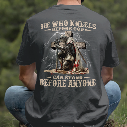 Teesdily | He Who Kneels Before God Shirt, Jesus Warrior Sweatshirt, Christian Cross Faith Hoodie Mug, Religious Gift Men