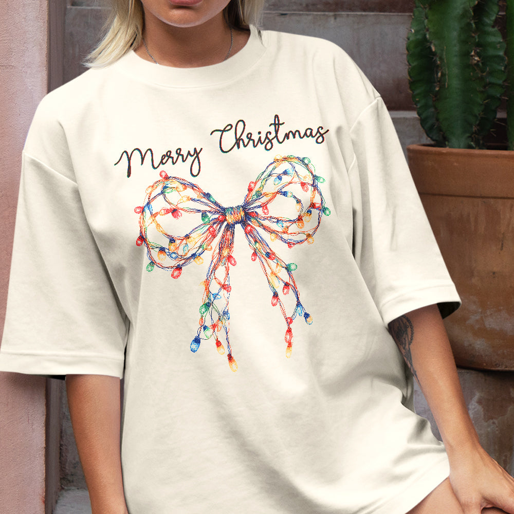 Teesdily | Merry Christmas Bow Light Shirt, Christmas Coquette Bow Sweatshirt, Merry And Bright Lights Bow Hoodie Mug For Women