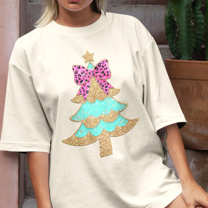 Teesdily | Christmas Tree Bow Shirt, Christmas Coquette Bow Glitter Leopard Sweatshirt, Christmas Hoodie Mug For Women