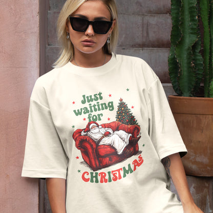 Teesdily | Just Waiting For Christmas Shirt, Santa Sofa Christmas Lights Tee 2024, Santa Claus Sweatshirt Hoodie Mug, Holiday Gift