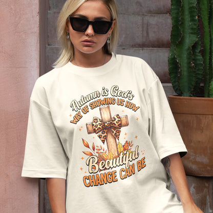 Teesdily | Jesus Cross Coquette Bow Thanksgiving Shirt, Autumn Is God's Way Tee Sweatshirt Hoodie Mug, Thanksgiving Jesus Gift