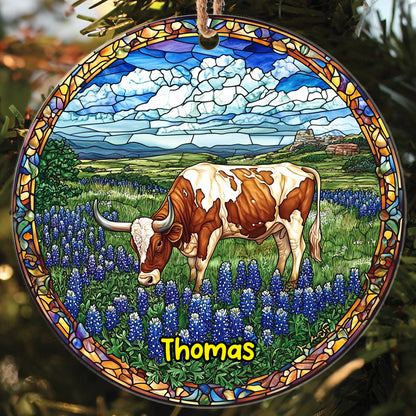 Teesdily | Customized Texas Longhorn Ornament Christmas, Farm Longhorn Stained Glass Print Ornament, Decor Christmas Gift