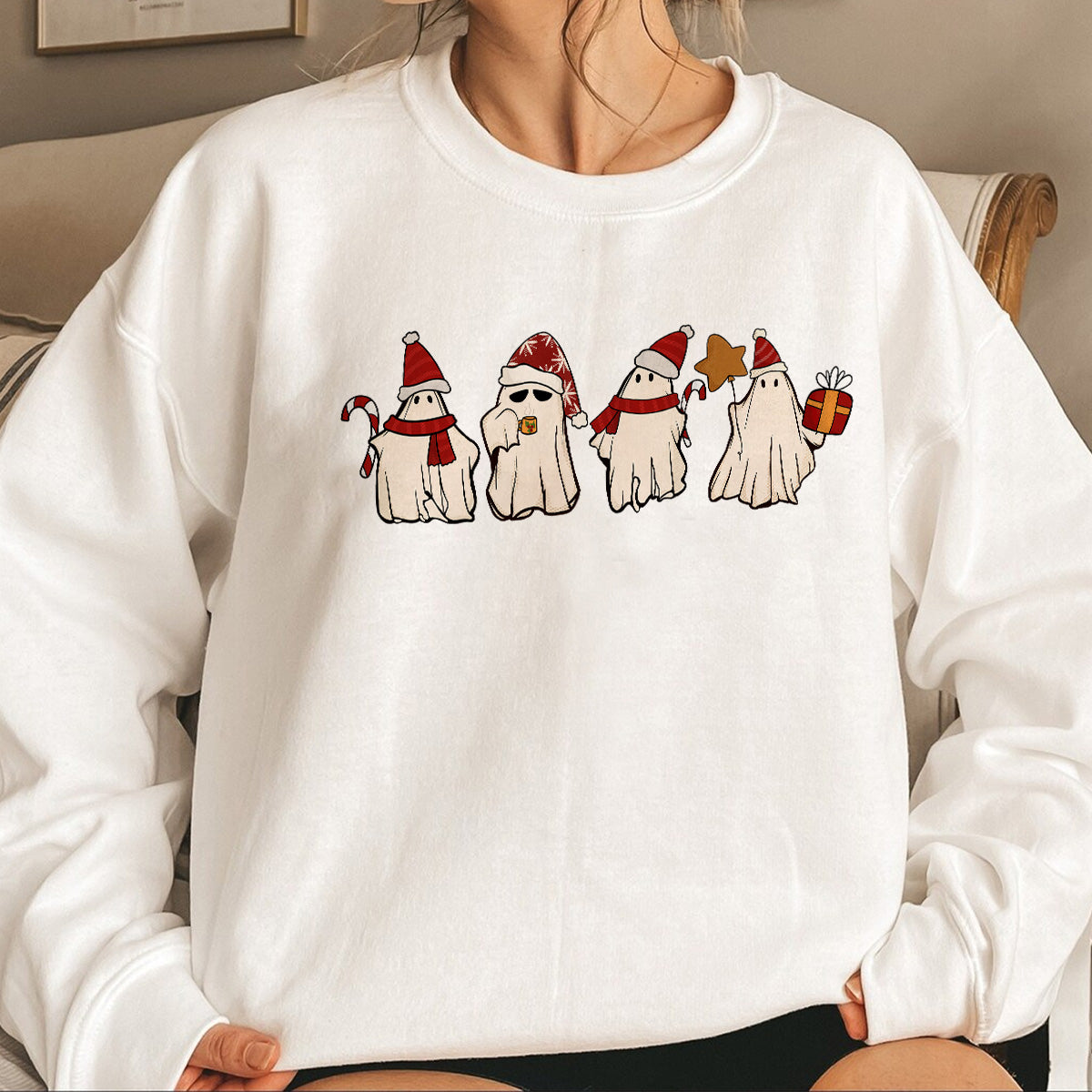 Teesdily | Retro Ghost Santa Shirt, Christmas Ghosts Sweatshirt, Cute Ghost Christmas Sweatshirt, Ghost Hoodies Mug