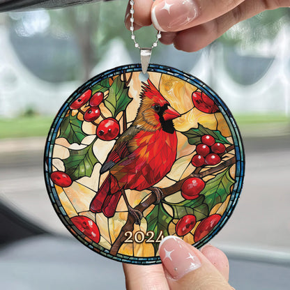 Teesdily | Cardinal Christmas Stained Glass Print Rear View Mirror Accessories, Cardinal Christmas 2024 Rear View Mirror Hanging, Christmas Tree Decor