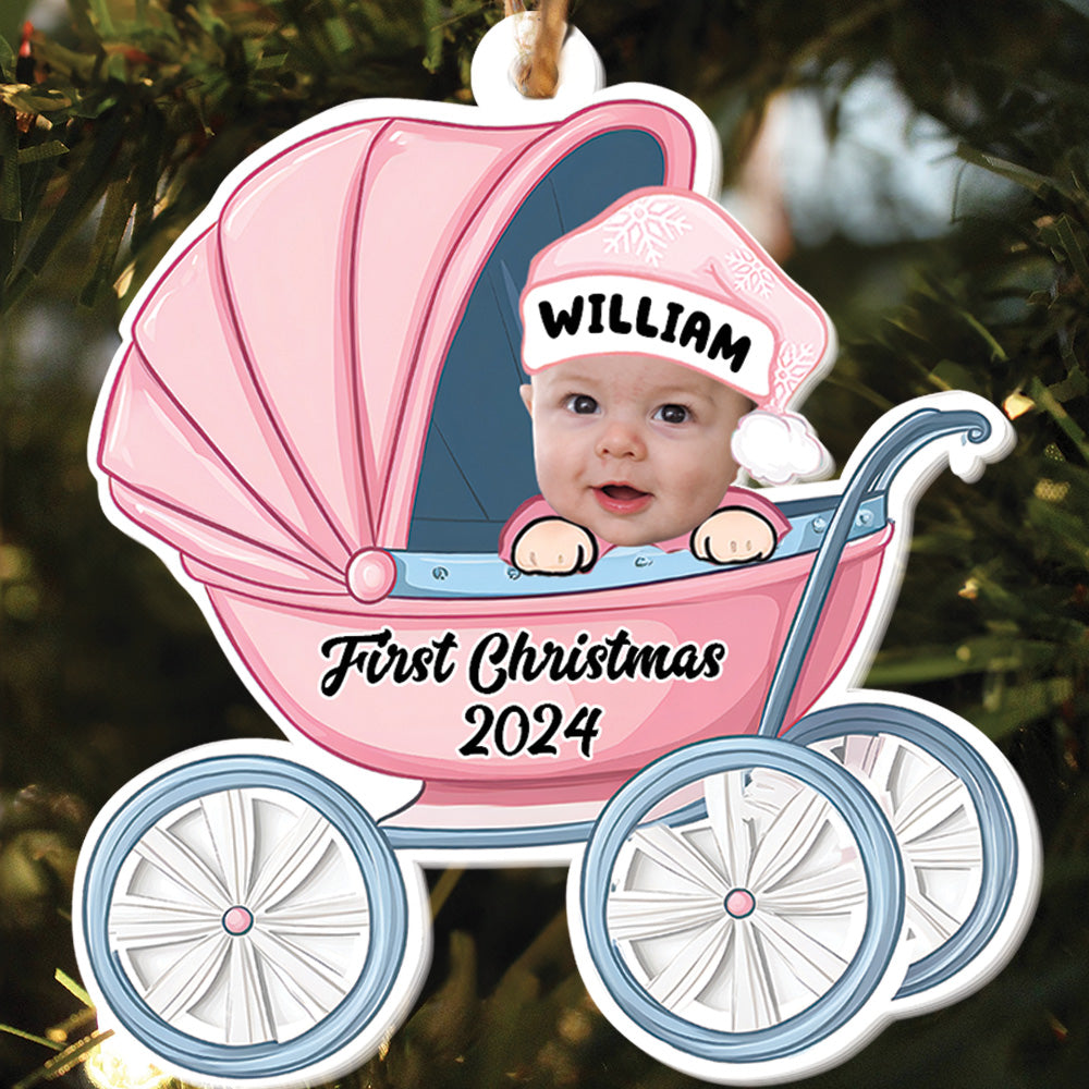 Teesdily | Personalized Baby's First Christmas Ornament, Baby Carriage Acrylic Ornament Christmas, Keepsake Ornament Xmas Gift