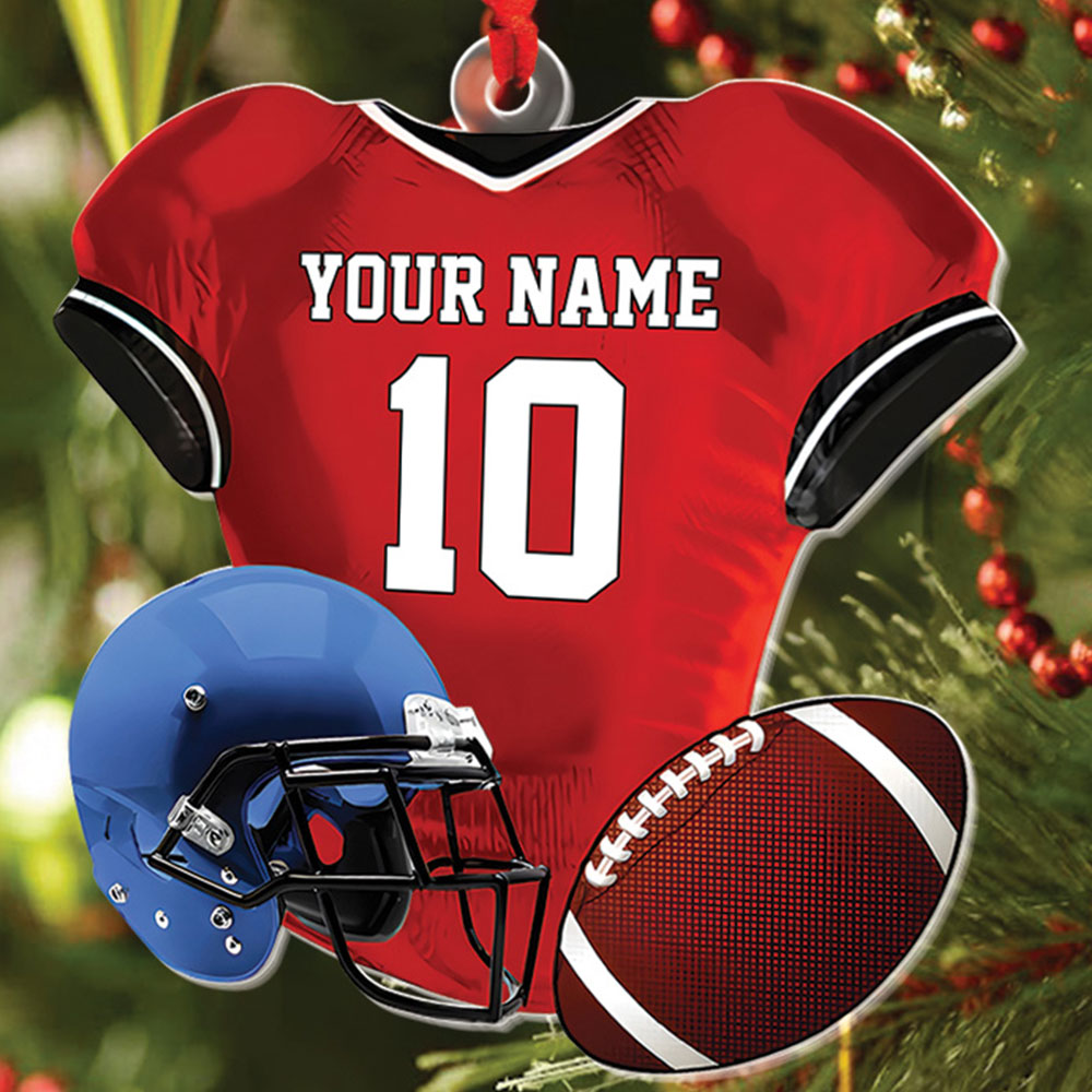 Teesdily | Customized American Football Uniform Helmet And Ball Acrylic Ornament, American Football Lovers Christmas Ornament