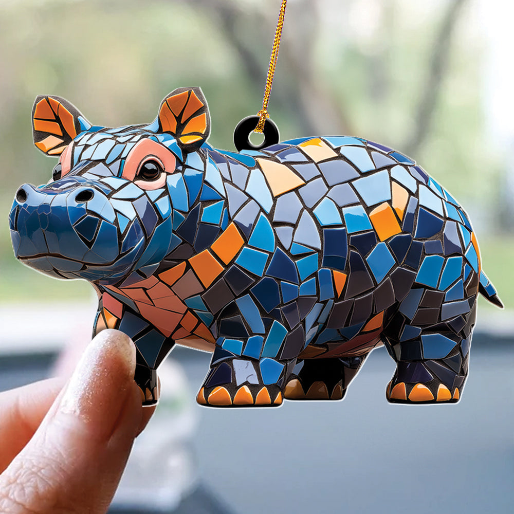 Teesdily | Cute Colorful Mosaic Hippopotamus Christmas Ornament, Stained Glass Design Hippo Xmas Gift Ornament, Hippo Lovers Gift