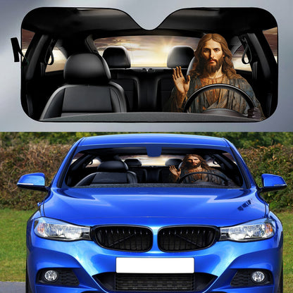 Teesdily | Jesus Car Driving Windshield Sun Shade Jesus Christ Car Background Car Shade Front Windshield Christian Funny Car Decor Window Shade Front