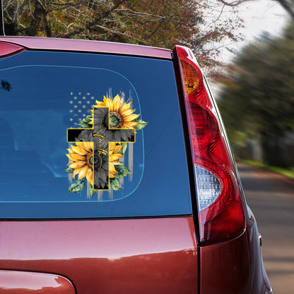 Teesdily | Faith Sunflower Car Decal Sticker, God Faith Usa Flag Car Decal, Independence Day Car Decor, Christian Gifts Car Vinyl Decal