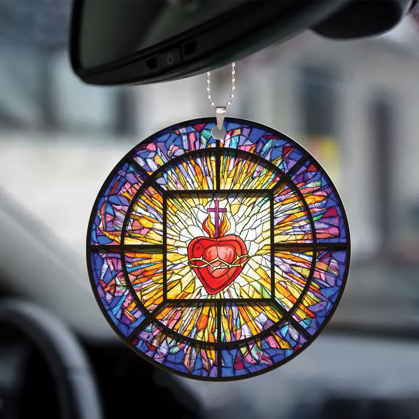 Teesdily | Jesus Sacred Heart Stained Glass Print Window Car Hanging Ornament Jesus Christ Acrylic Car Mirror Hanging Christmas Xmas Tree Decoration