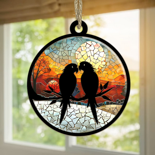 Teesdily | Winter Forest Suncatcher Ornament, Couple Birds Suncatcher Home Decor, Christmas Window Hanging Ornament, Gift For Holiday