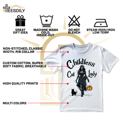 Teesdily | Childless Cat Lady Shirt, Halloween Pumpkin Witch And Cat Sweatshirt, Witchy Black Cat Hoodie Mug, Skeleton Witch T-shirt