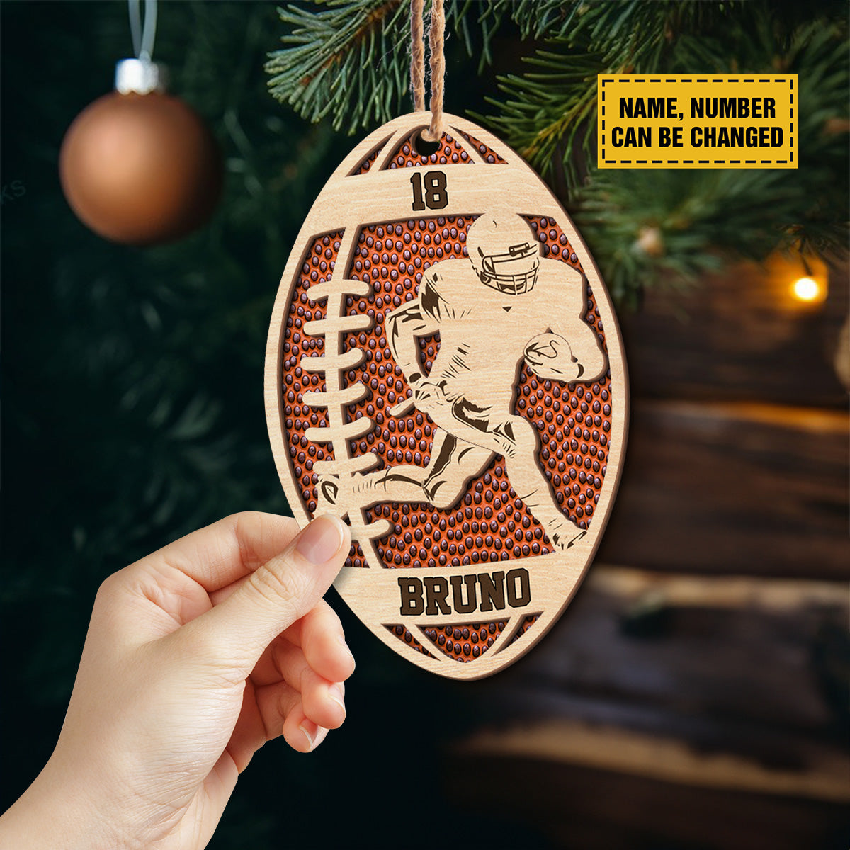 Teesdily | Personalized Football Wood Christmas Ornament, Custom Name Number Football Player, Sports Team Ornament, Christmas Gift