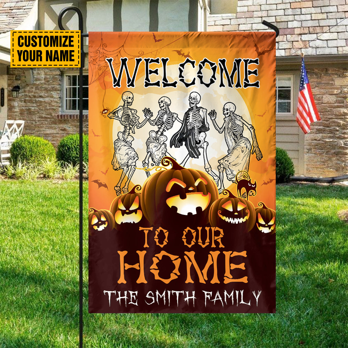 Teesdily | Personalized Welcome To Our Home Flag, Skeleton Dancing Pumpkin Halloween Garden Flag, Halloween Party House Flag, Yard Banner Decor