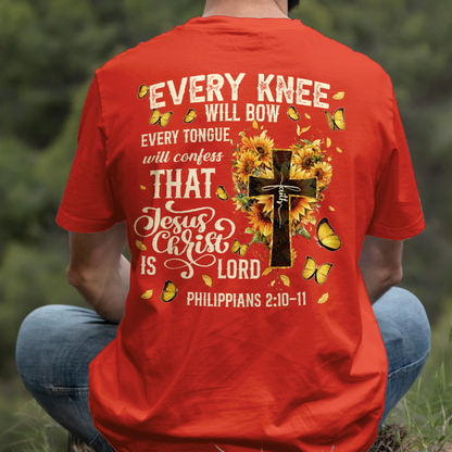 Teesdily | Every Knee Shall Bow Shirt, Every Tongue Shall Confess Sweatshirt, Bible Verse Sunflower Cross Jesus Hoodie Mug Gift