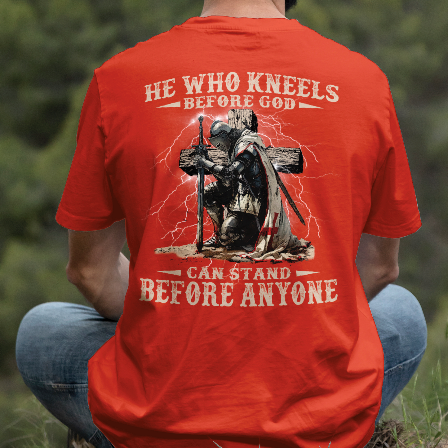 Teesdily | He Who Kneels Before God Shirt, Jesus Warrior Sweatshirt, Christian Cross Faith Hoodie Mug, Religious Gift Men