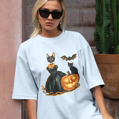 Teesdily | Childless Cat Lady Full Color Shirt, Halloween Pumpkin Witch And Cat Sweatshirt, Witchy Black Cat Hoodie Mug