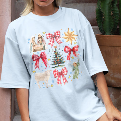 Teesdily | Red Coquette Jesus Nativity Shirt, Holy Night Tee Sweatshirt Hoodie Mug, Jesus Lovers Christmas Gift, Xmas Coquette