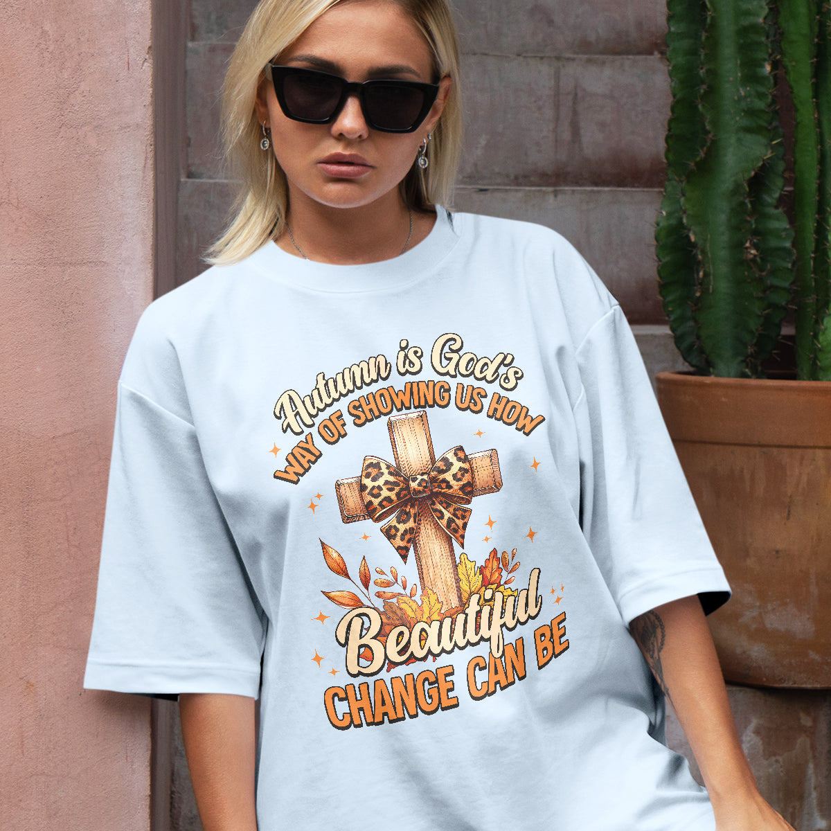 Teesdily | Jesus Cross Coquette Bow Thanksgiving Shirt, Autumn Is God's Way Tee Sweatshirt Hoodie Mug, Thanksgiving Jesus Gift