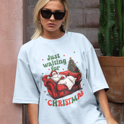 Teesdily | Just Waiting For Christmas Shirt, Santa Sofa Christmas Lights Tee 2024, Santa Claus Sweatshirt Hoodie Mug, Holiday Gift