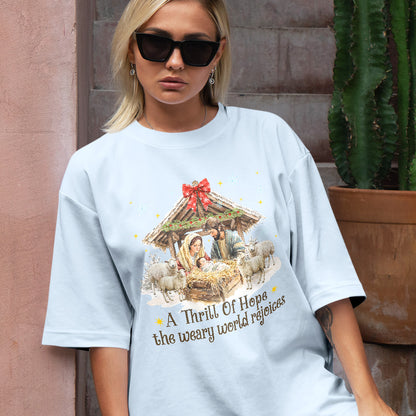 Teesdily | Nativity Scene Christmas Coquette Jesus Shirt, A Thrill Of Hope Sweatshirt, Christmas Nativity Hoodie Mug Religious Gift