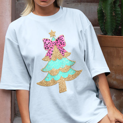 Teesdily | Christmas Tree Bow Shirt, Christmas Coquette Bow Glitter Leopard Sweatshirt, Christmas Hoodie Mug For Women