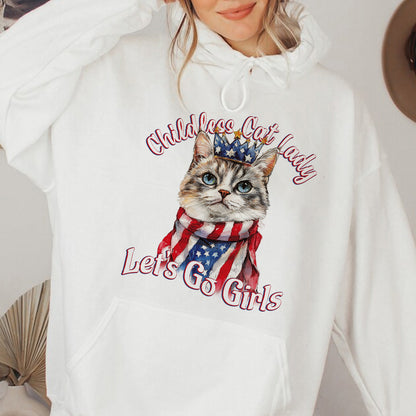 Teesdily | Childless Cat Lady Shirts, Queen Cat American Flag Sweatshirt, Comma La Hoodie, Ka-meow-la T-shirt, Let's Go Girls Cat Mom