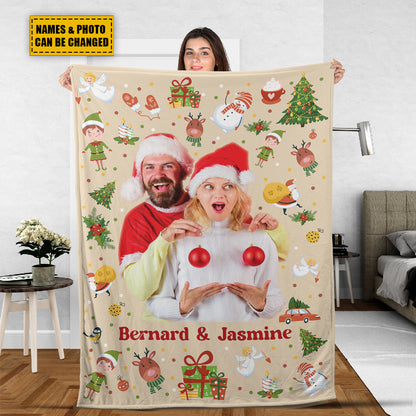 Teesdily | Couple Xmas Custom Blanket With Picture, Cute Christmas Pattern Sherpa Blanket, Christmas Gift For Girlfriend, Christmas Bedroom Decor