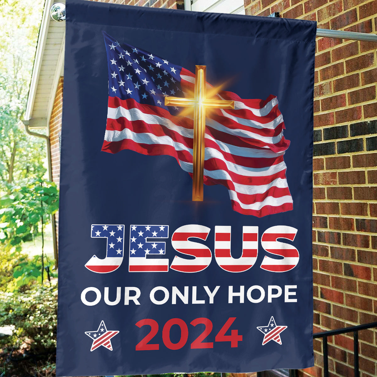 Teesdily | Jesus Cross American Flag, Jesus Our Only Hope 2024 House Flag, American Garden Flag, Patriotic Home Decoration Gifts, Jesus Lovers Flag