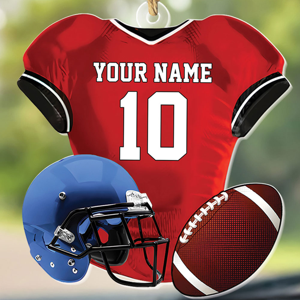 Teesdily | Customized American Football Uniform Helmet And Ball Acrylic Ornament, American Football Lovers Christmas Ornament