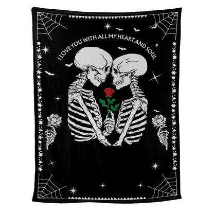 Teesdily | Customized Skull Fleece Throw Blanket For Kids Teens Couple Skeleton Bed Blanket Gothic Fleece Throw Blanket Halloween Theme Goth Gifts